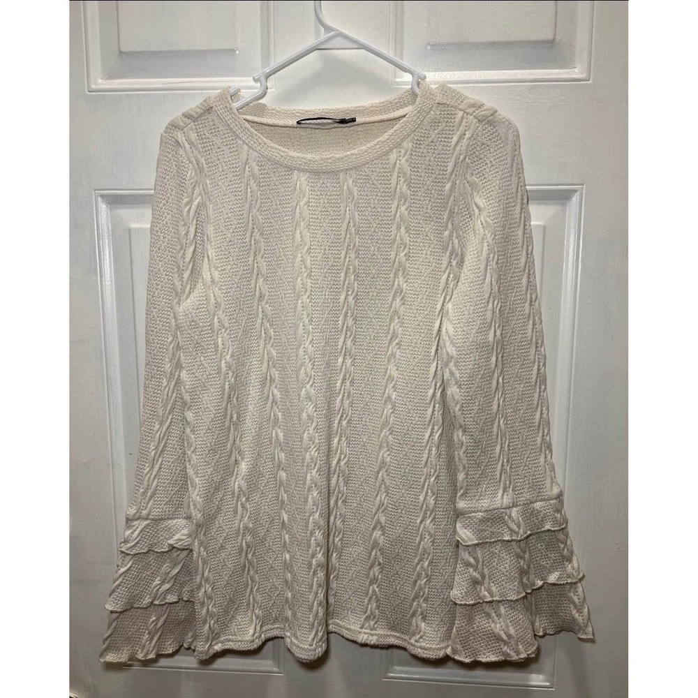 Doe & Rae Woman's  Sweater Tunic Cream Sz Large Boho Cable Flared Sleeve Stretc